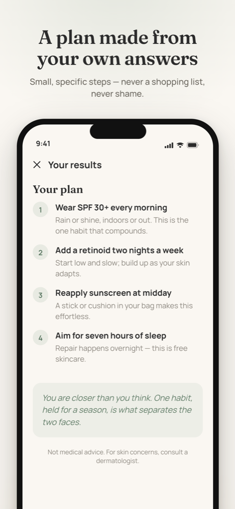 FutureSkin store mockup of the Your plan screen, listing four numbered steps that start with wearing SPF 30+ every morning, above a not-medical-advice note