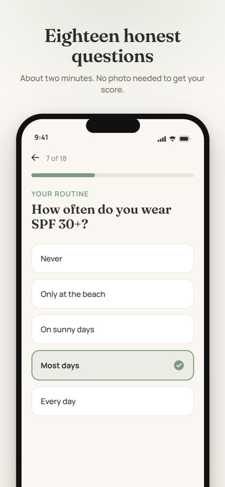 FutureSkin store mockup of a quiz screen asking How often do you wear SPF 30+?, with the options Never, Only at the beach, On sunny days, Most days and Every day